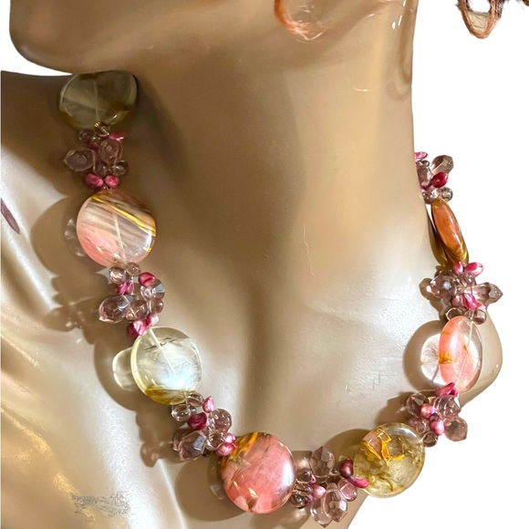 Stunning colorful faux Quartz Chunky stone disk pearl glass crystal necklace - Picture 10 of 13